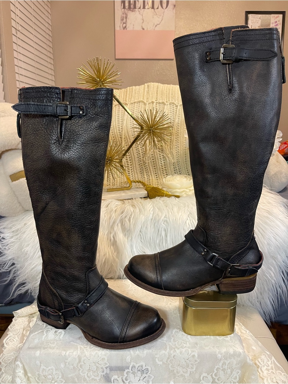 Freebird Roadey Leather Tall Boot in Distressed Black Moto Boot Style MSRP$350